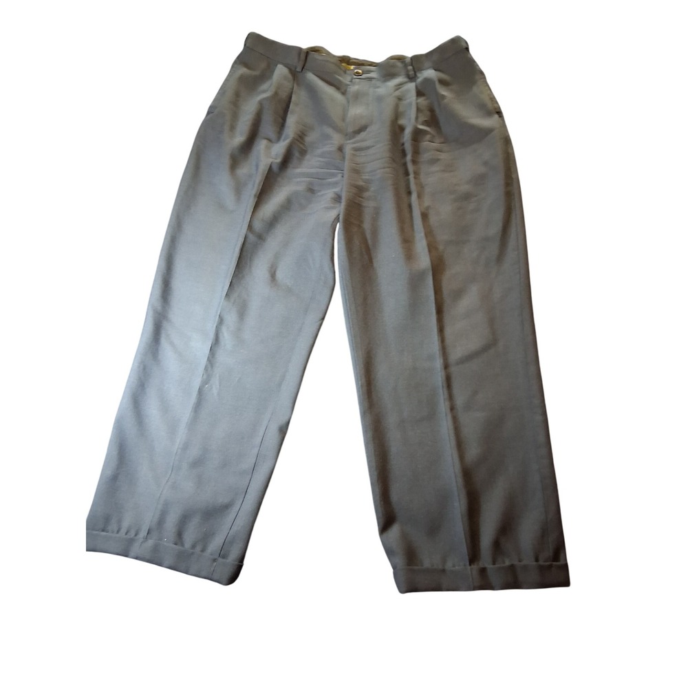 LL Bean Comfort Waist Wool Dress Pants Navy Blue Pleated Cuffed Mens 38W 285314